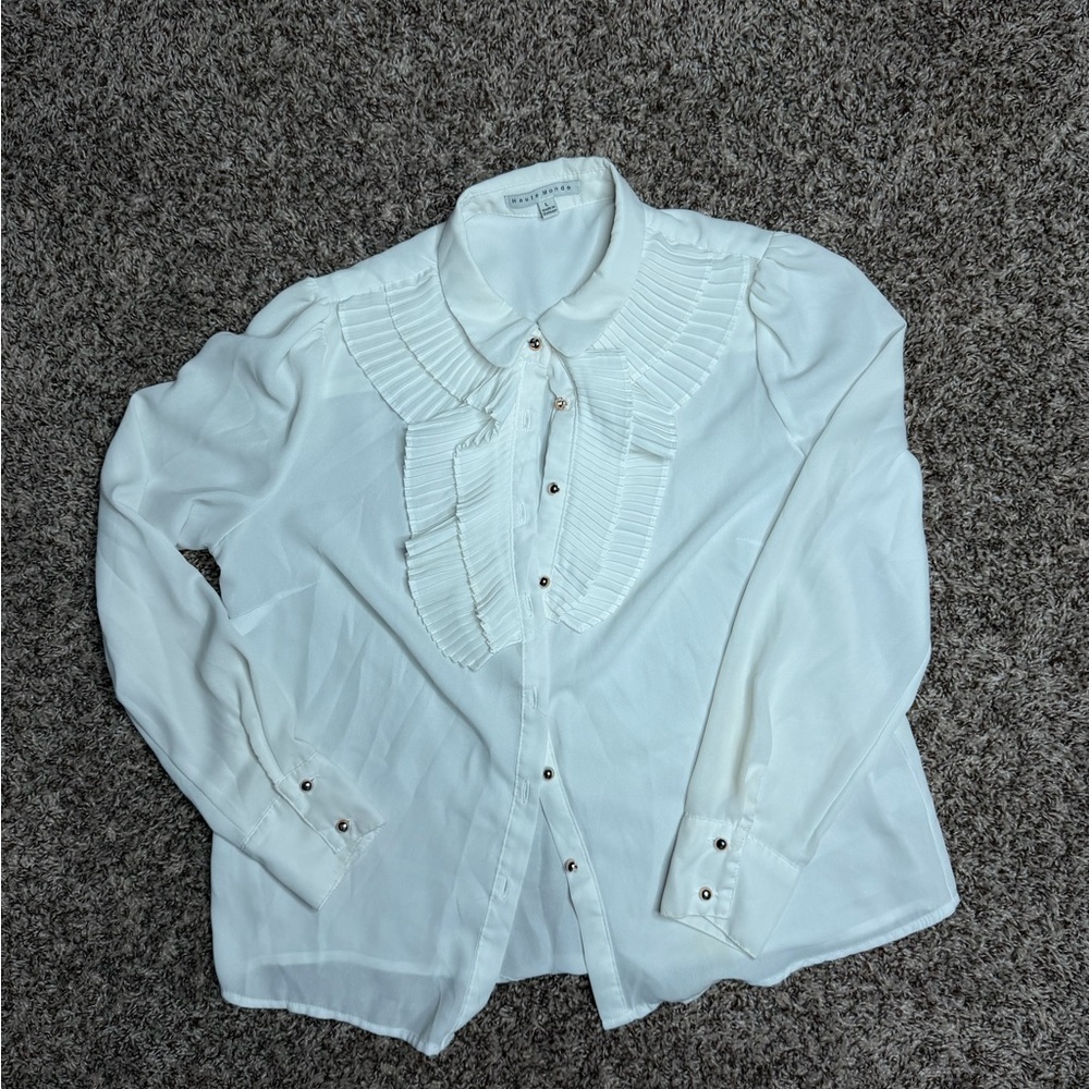 White Ruffled Button-Up Blouse